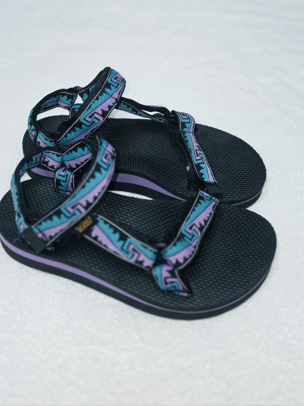 Teva Black Sandals with Teal & Purple Patterned Straps
